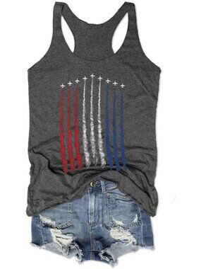 〽️Women Grey Air Force Flyover Tank Tops Eagle Patriotic USA Flag Vest Shirt